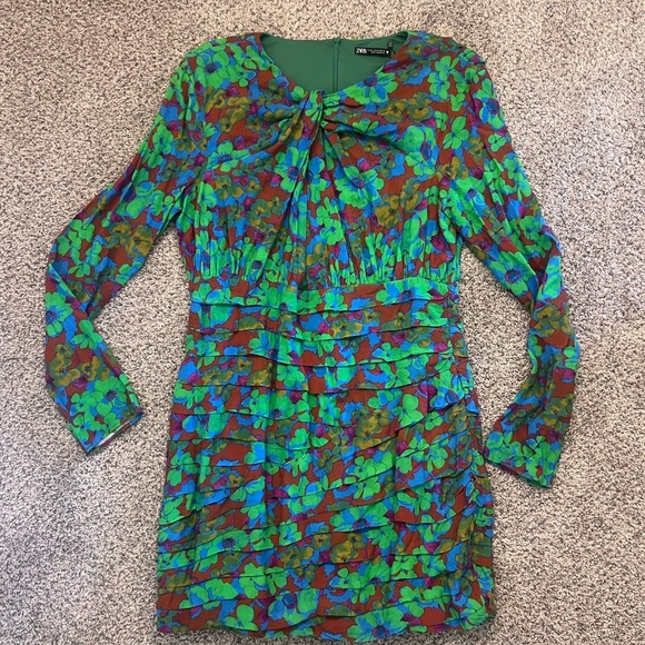 NWT! Zara Green Blue Floral Multicolored Draped Front Top Slit  Mini Dress XL - Picture 3 of 13